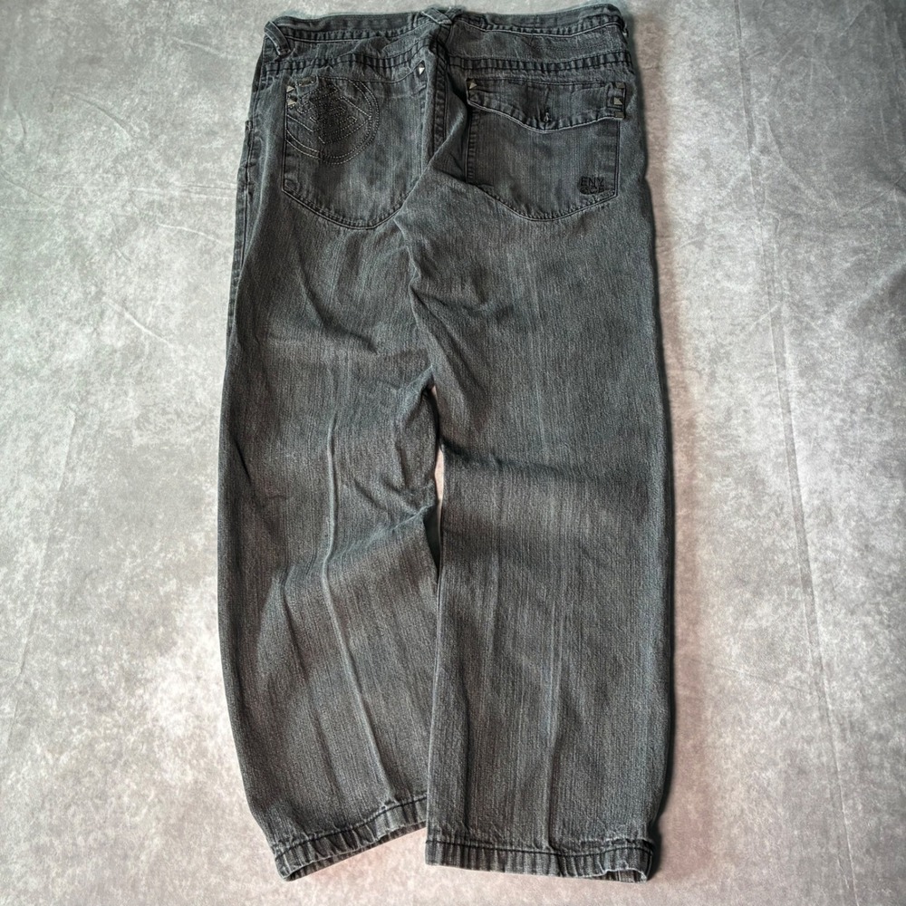 Enyce Mens 38 Baggy Fit Jeans Faded Black Studded Y2K Streetwear Denim 0607